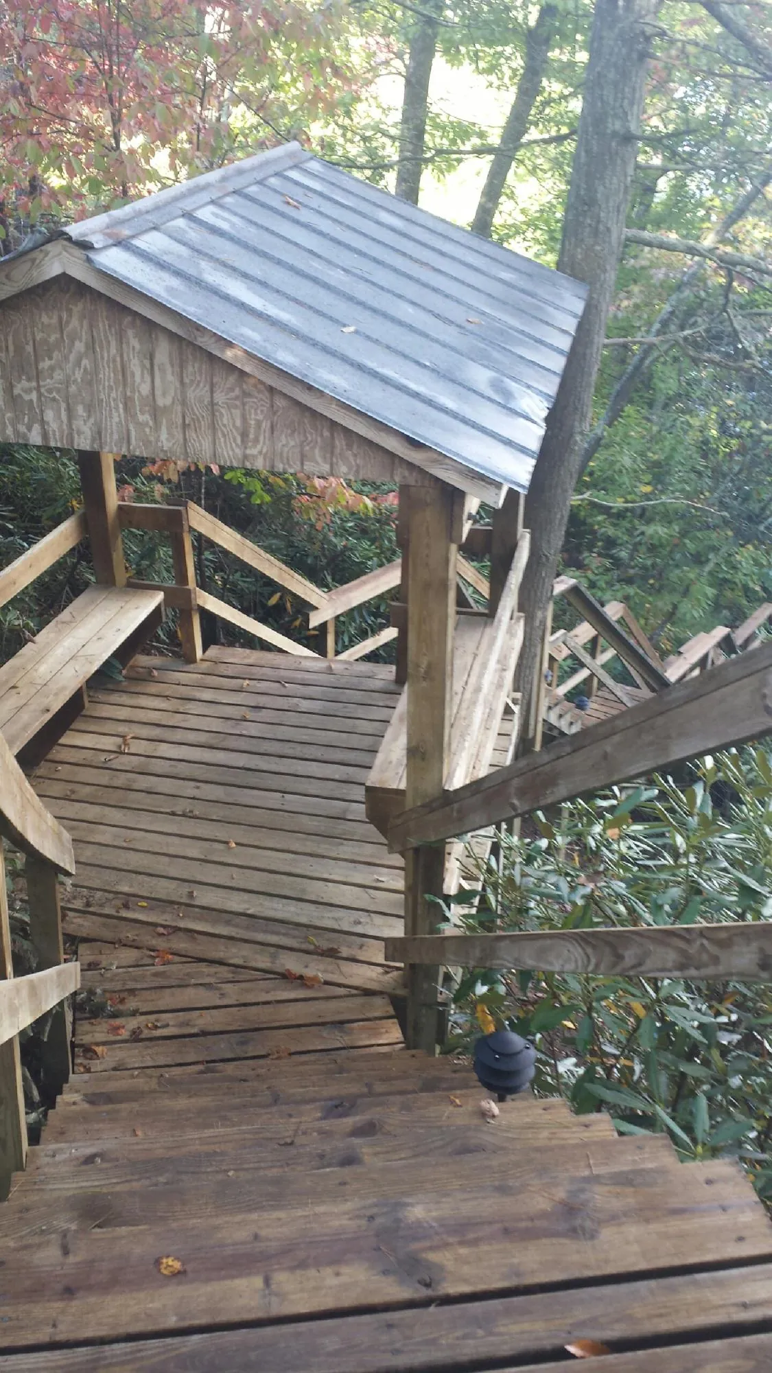 Metal roofed shelter over wooden steps on a wooded walkway — Skylight Repair & Installation work by our crew in Wapello
